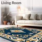 Ornate Blue Gold Scrollwork Rug