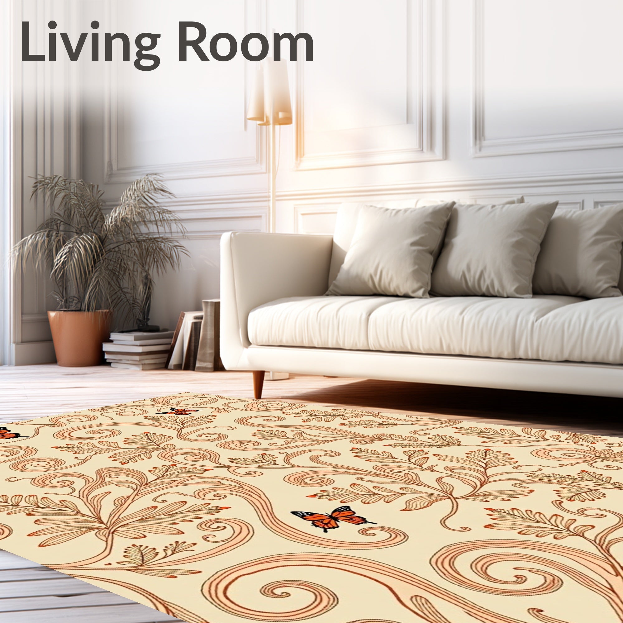 Orange Butterfly Floral Swirl Design Rug