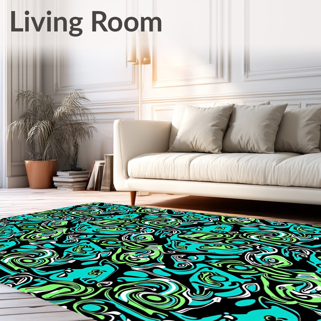 Fluid Black Green Teal Abstract Pattern Rug