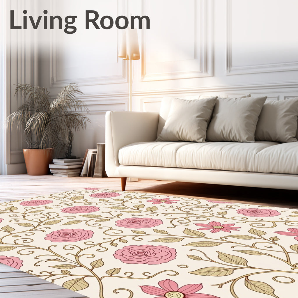 Pink Rose Floral Vine Pattern Rug