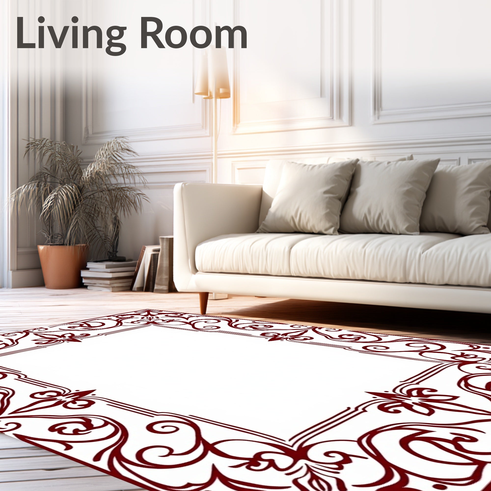 Deep Red Decorative Swirl Frame Design Rug