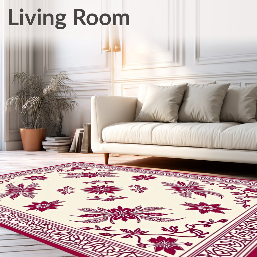 Crimson Floral Motif On Cream Rug