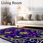 Ornate Floral Pattern with Gold and Pink on Navy Rug