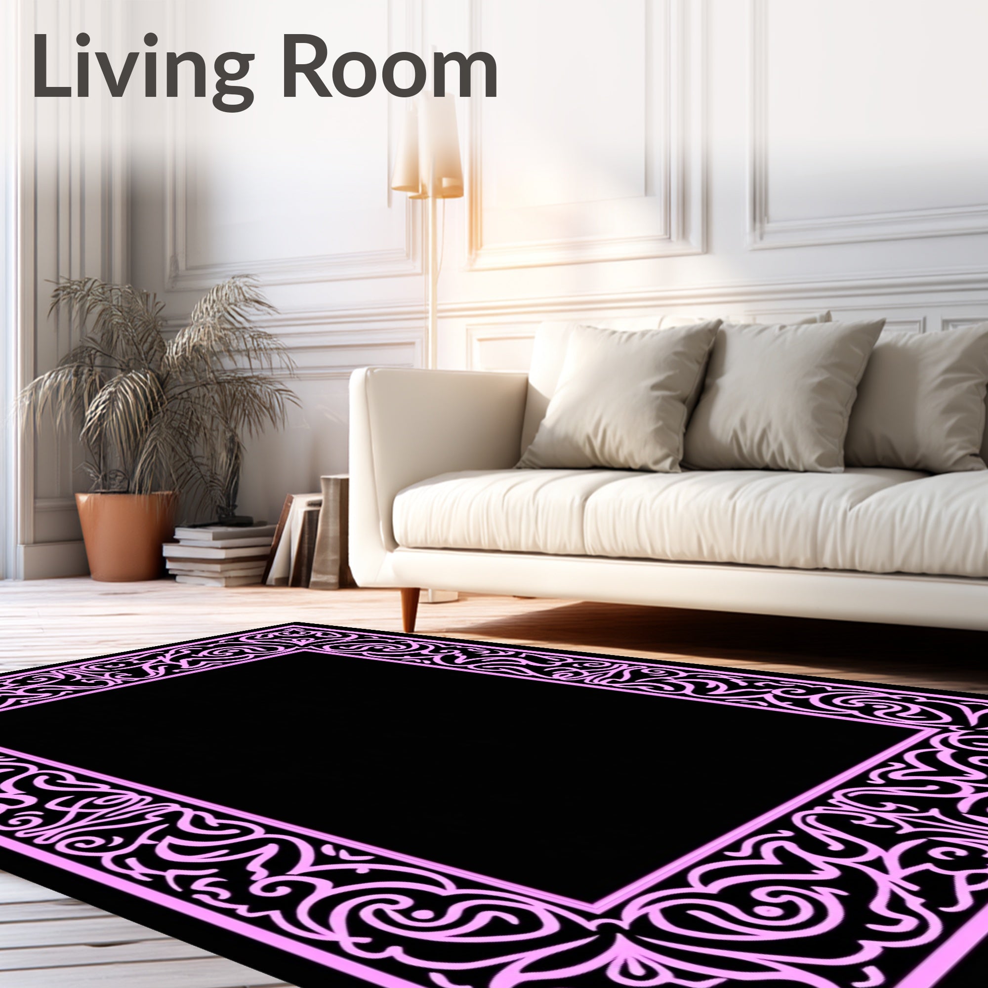 Ornate Pink Swirl Border Design Rug