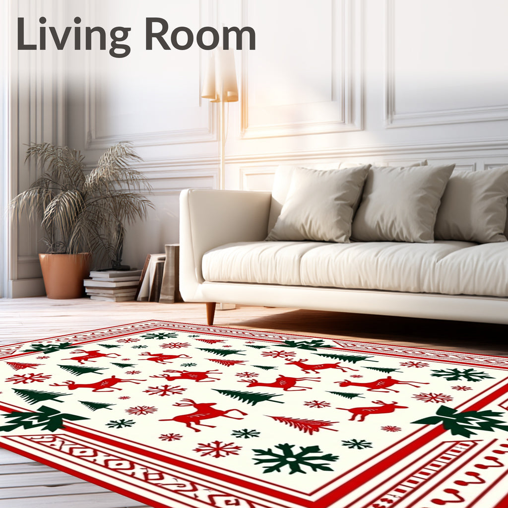 Red Green Reindeer Snowflake Forest Border Rug