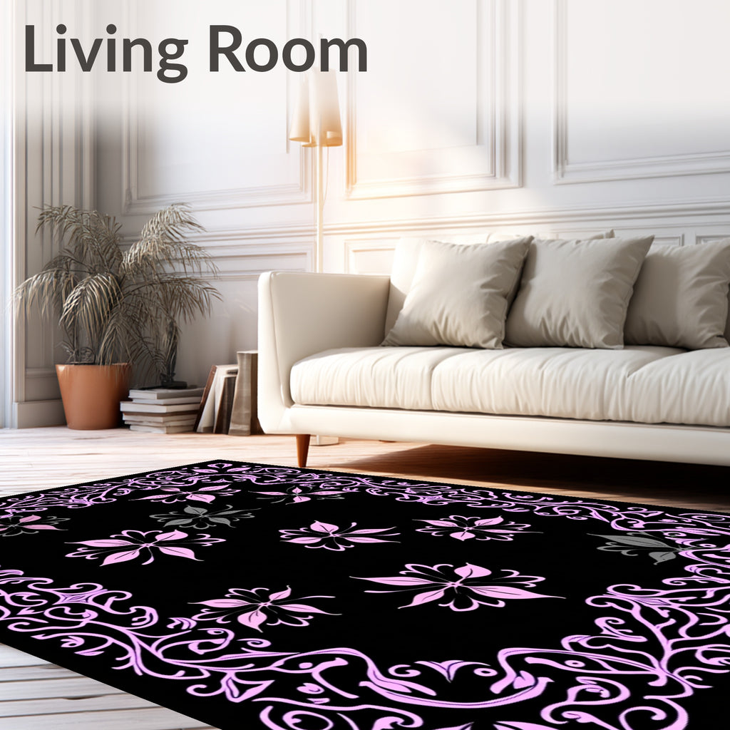 Ornate Pink Floral Vine Pattern Rug