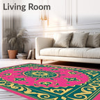Vibrant Teal Gold Medallion Pattern Rug