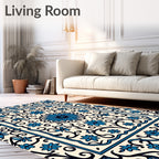 Intricate Blue Floral Cream Scrollwork Design Rug