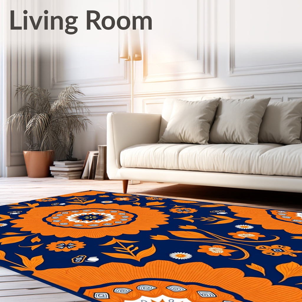Bold Orange Navy Floral Medallion Pattern Rug