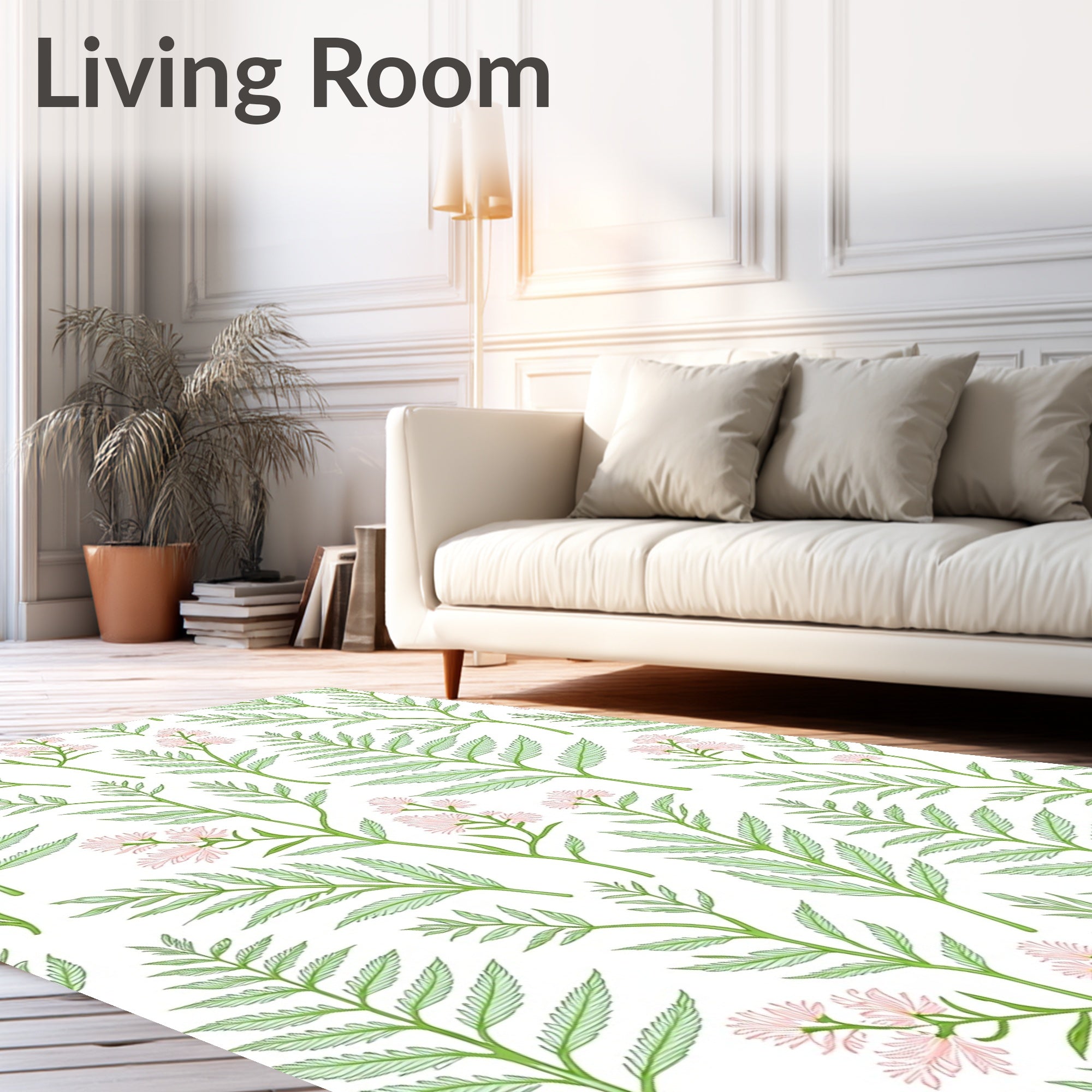 Delicate Green Fern Pink Bloom Pattern Rug