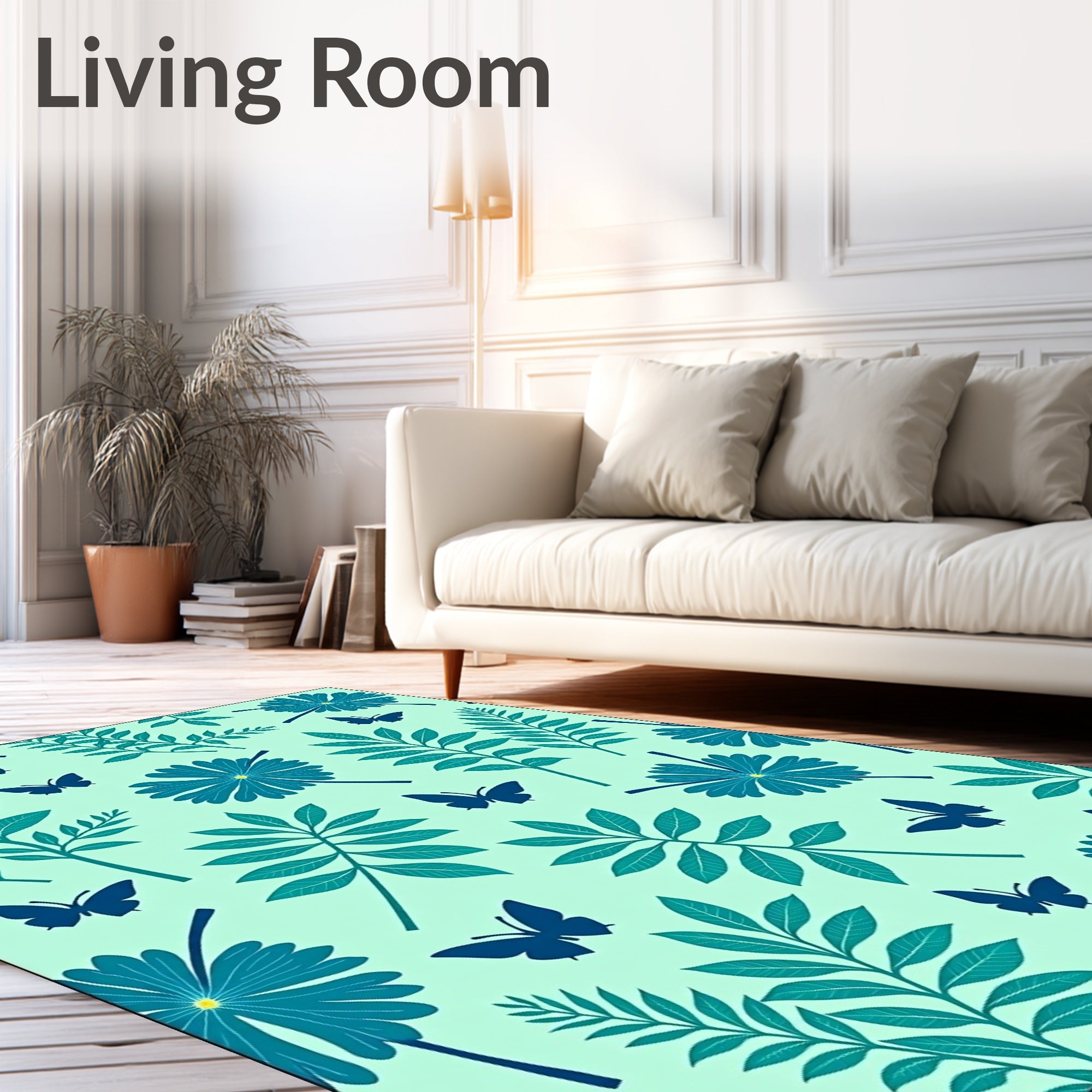 Teal Flora And Butterfly Pattern Rug