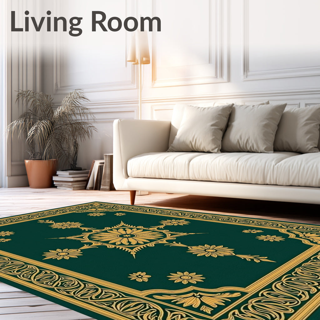 Emerald Floral Motif Intricate Border Rug