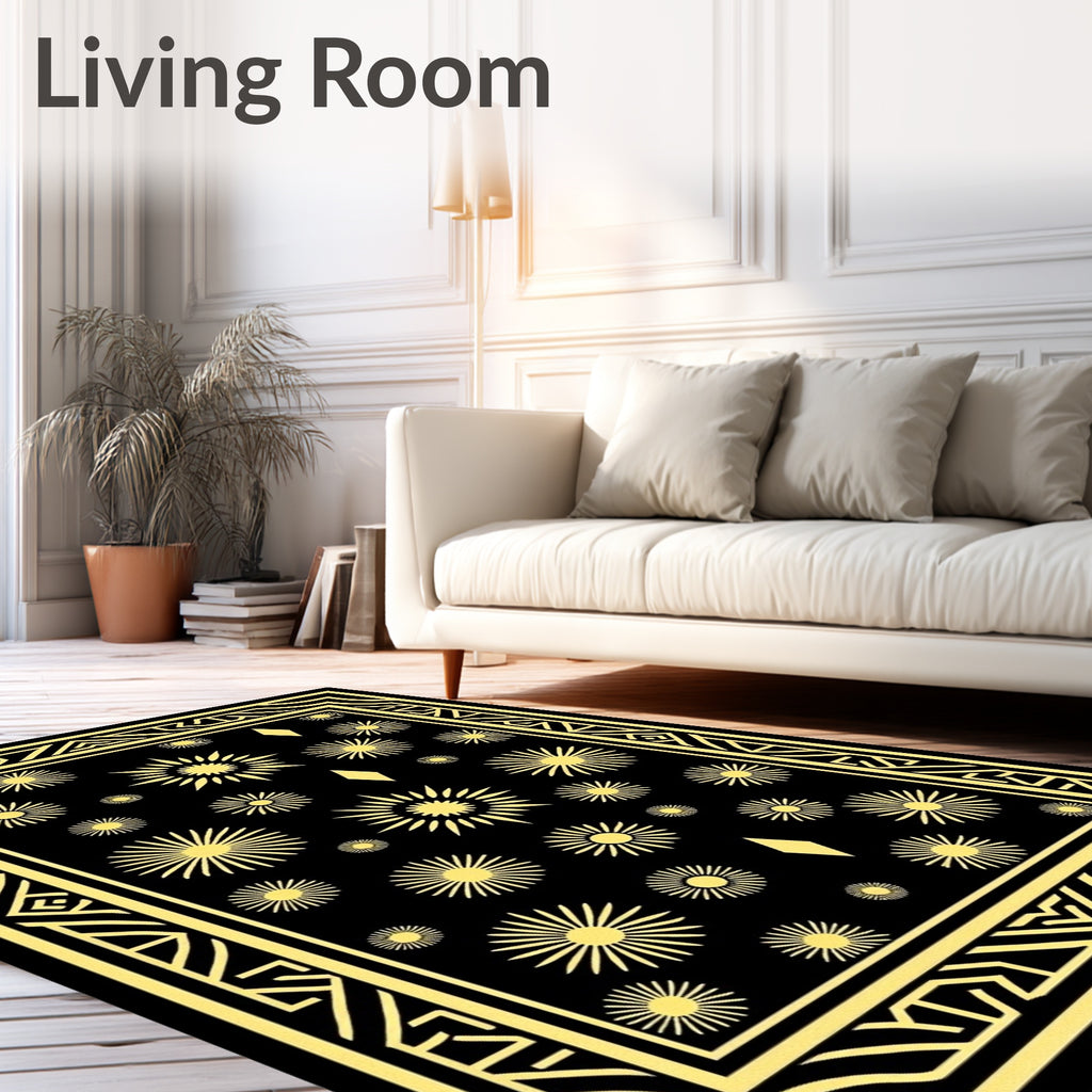 Radiant Golden Sunburst Diamond Border Rug