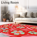 Bold Red Floral Whimsical Pattern Rug