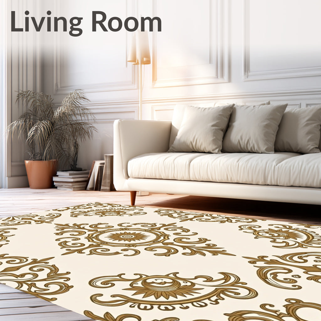 Ornate Gold Damask Scroll Pattern Rug
