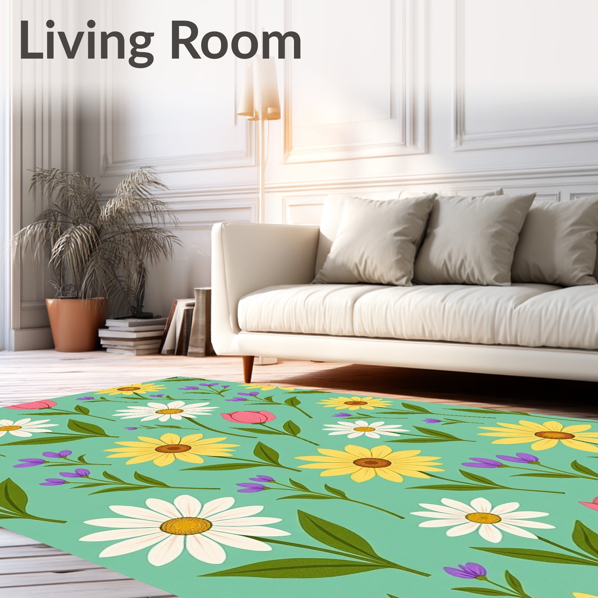 Feminine Floral Daisy Tulip Pattern Rug