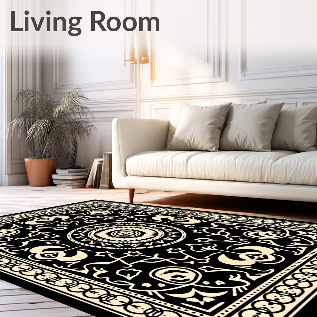 Black Cream Intricate Floral Mandala Rug