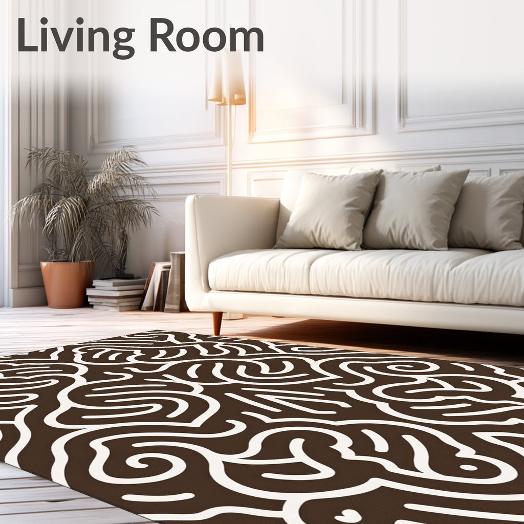 Brown White Continuous Line Art Rug