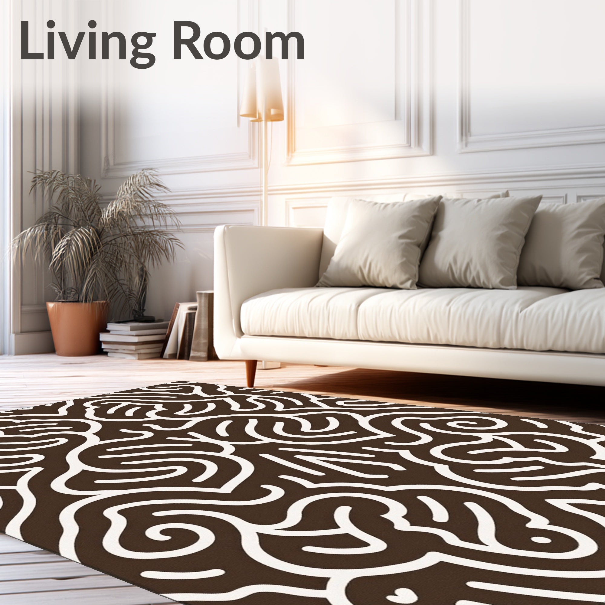 Brown White Continuous Line Art Rug