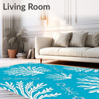 White Floral Patterned Teal Rug