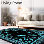 Whimsical Cyan Insect Floral Pattern Rug