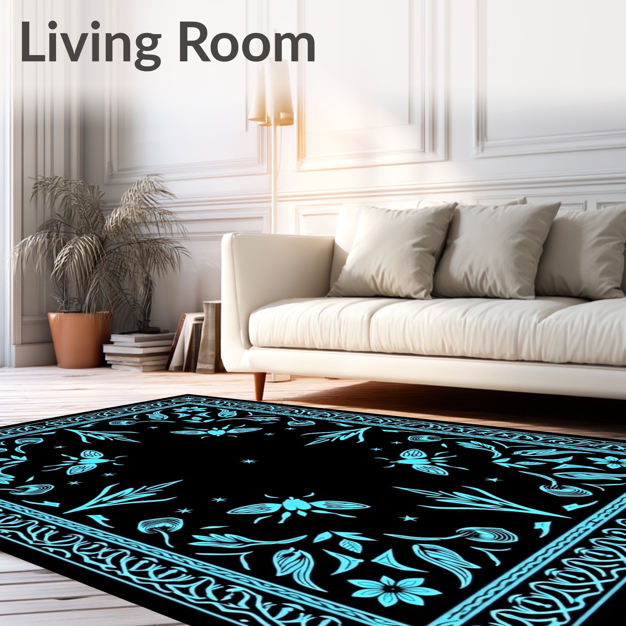 Whimsical Cyan Insect Floral Pattern Rug