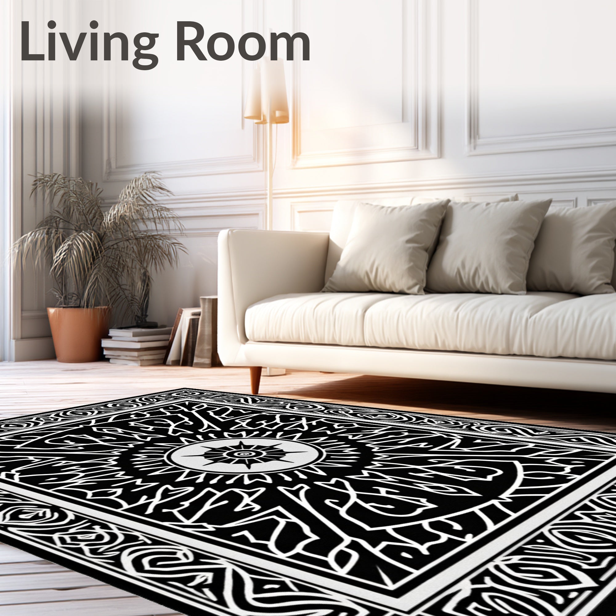 Intricate Black White Sunburst Pattern Rug