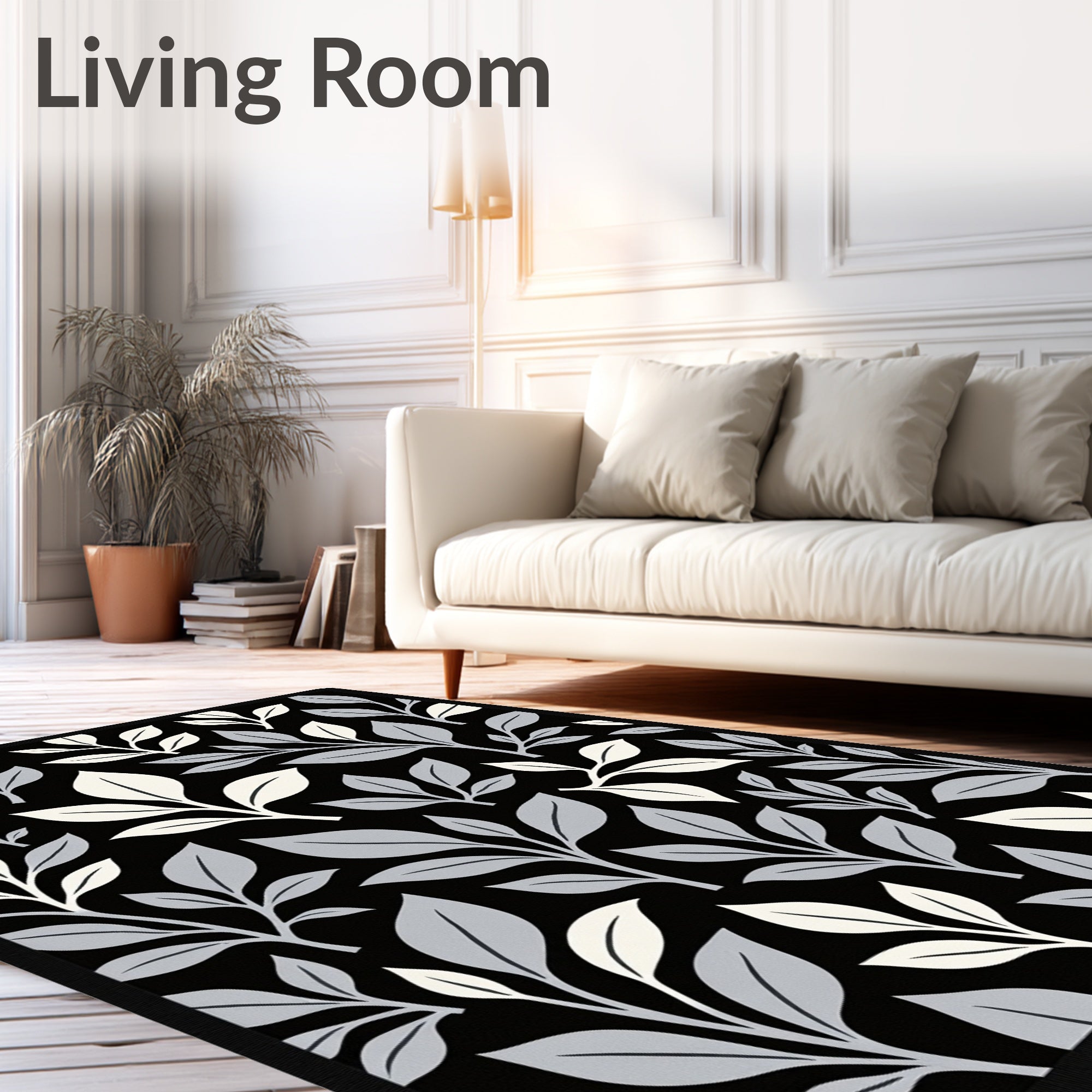 Monochrome Branch Leaf Pattern Rug