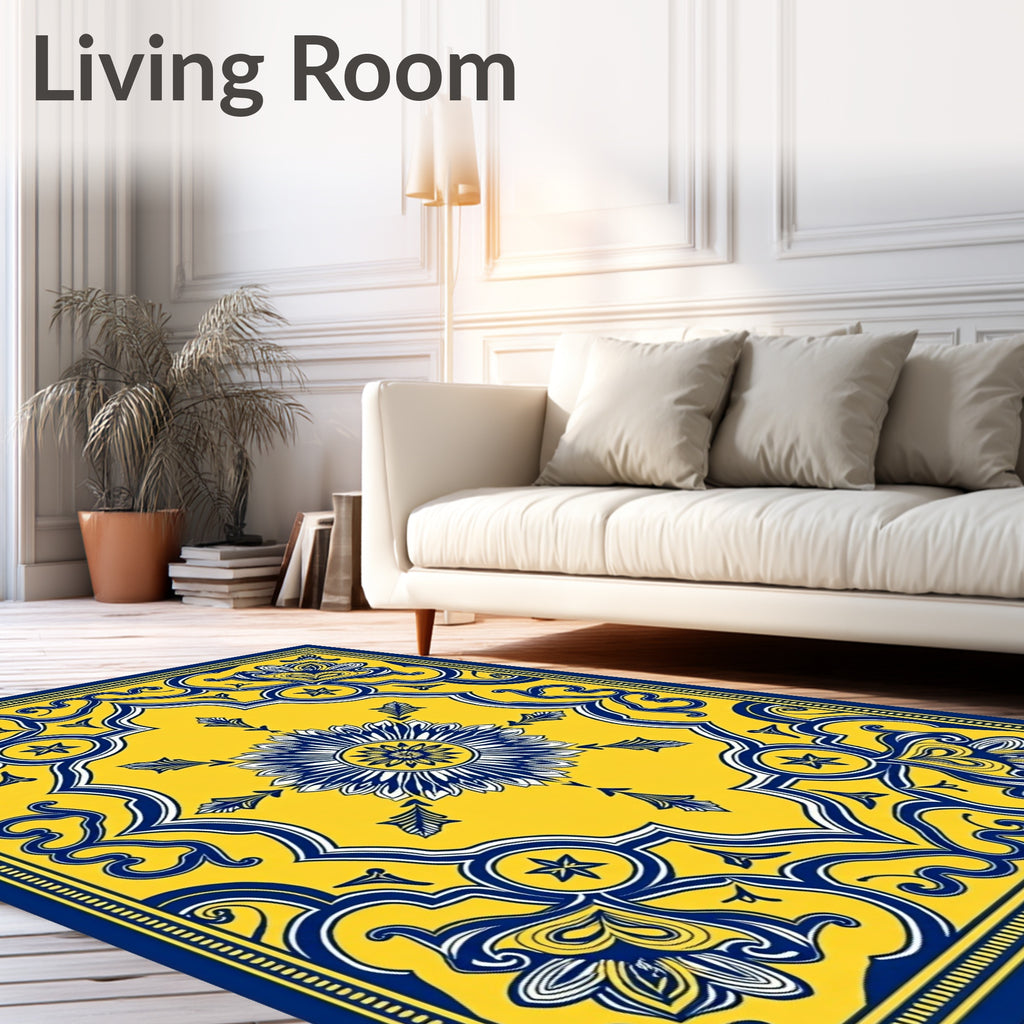 Ornate Yellow And Blue Floral Pattern Rug