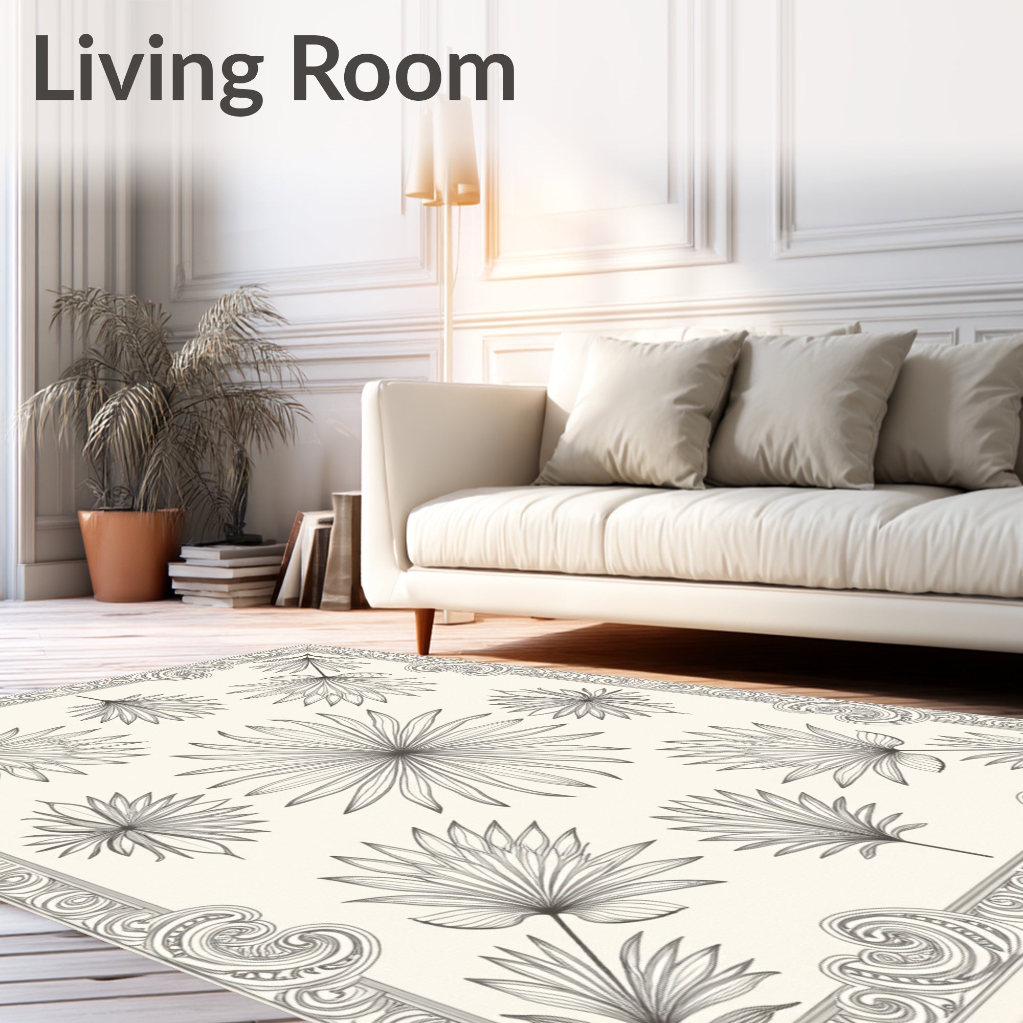 Palm Frond Botanical Scrollwork Rug