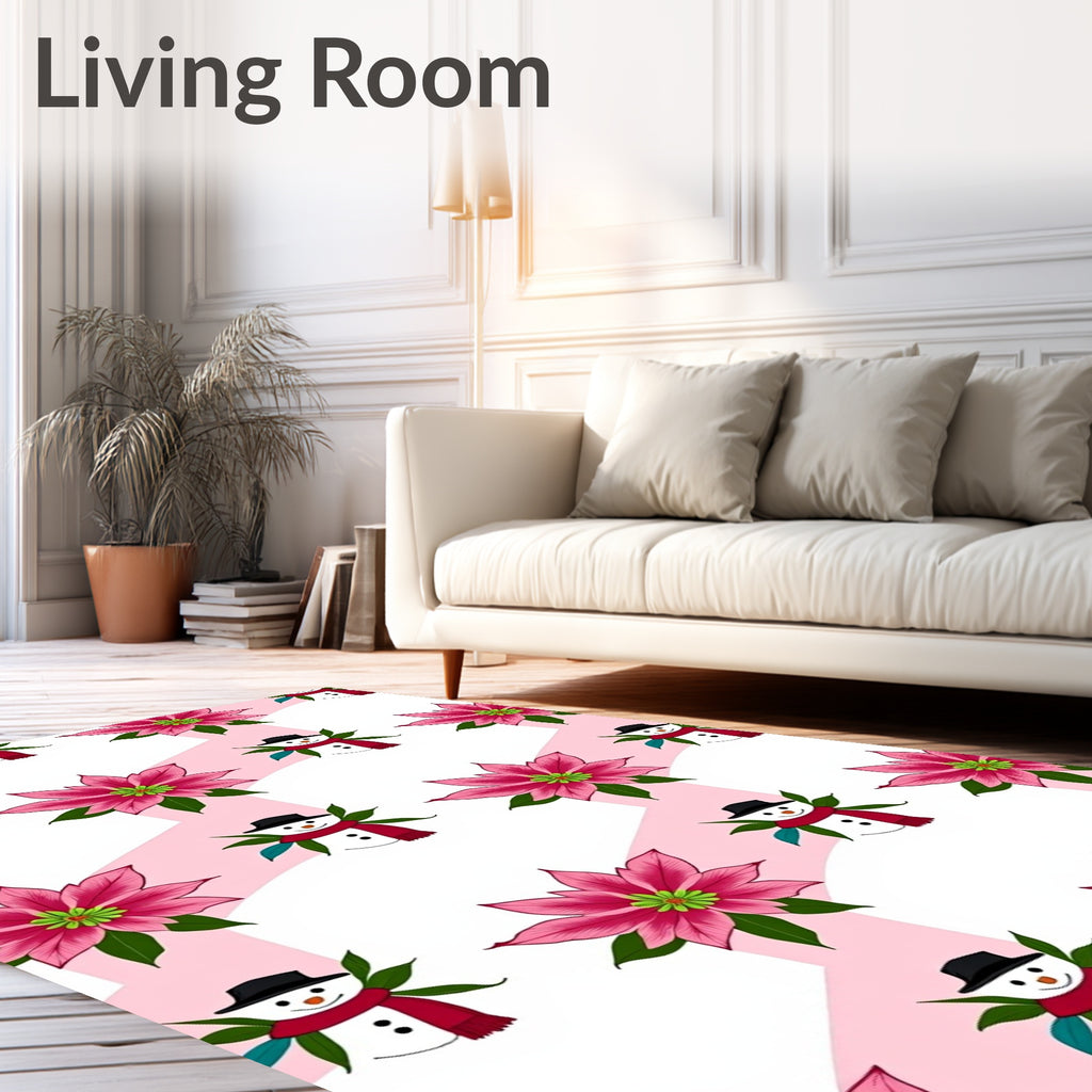 Pink Snowman Christmas Poinsettia Rug