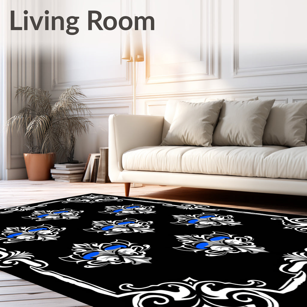 Ornate Blue Floral Scrollwork Symmetry Rug