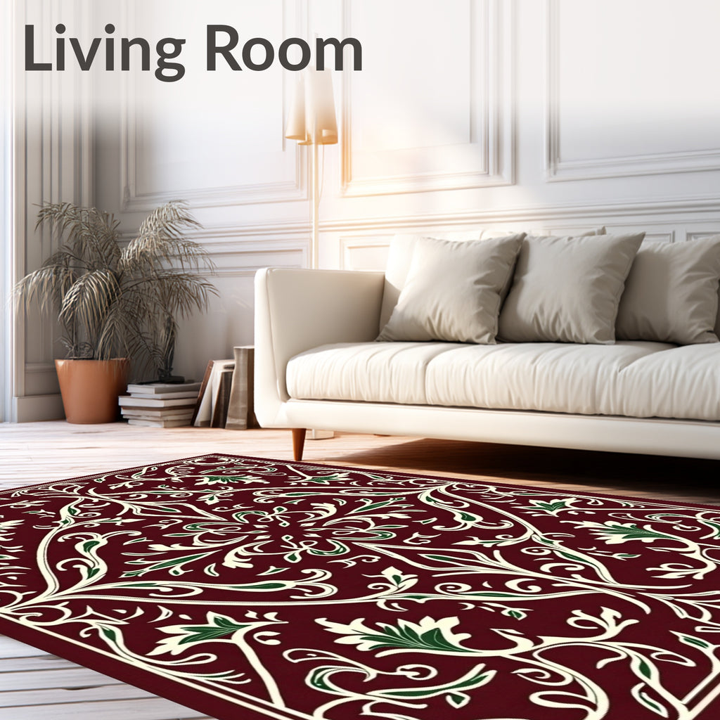 Rich Burgundy Floral Leaf Pattern Rug
