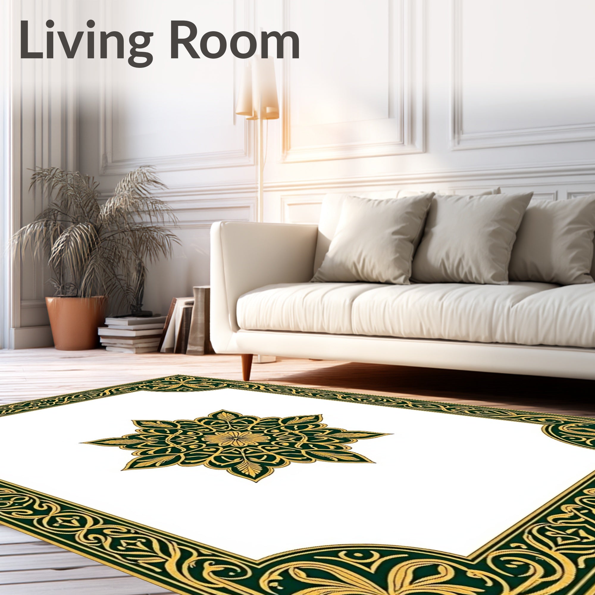 Intricate Gold Green Floral Mandala Design Rug