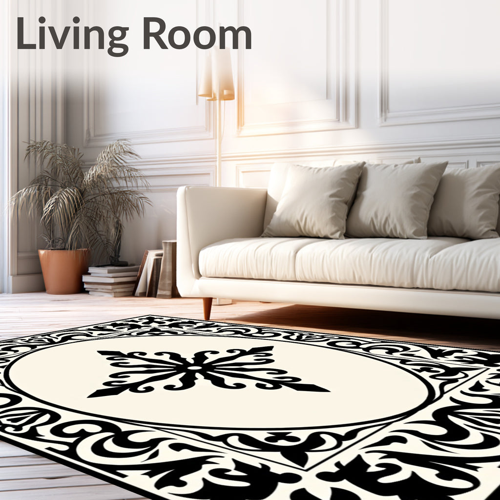 Ornate Black Ivory Floral Medallion Rug
