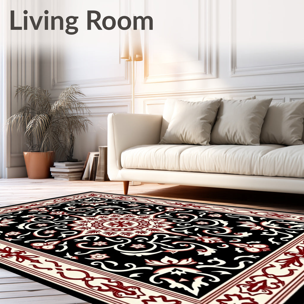 Classic Red White And Black Floral Rug
