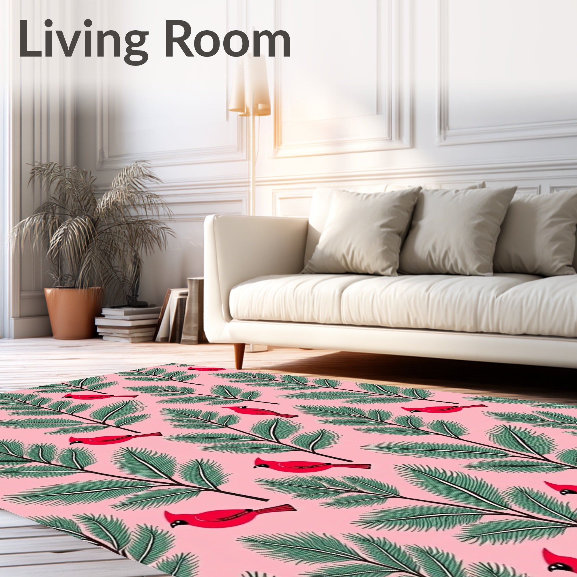 Pink Cardinal Pine Branch Whimsical Rug