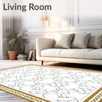 Ornate Golden Bordered Geometric Pattern Rug