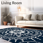 Dark Blue Intricate Floral Mandala Design Rug