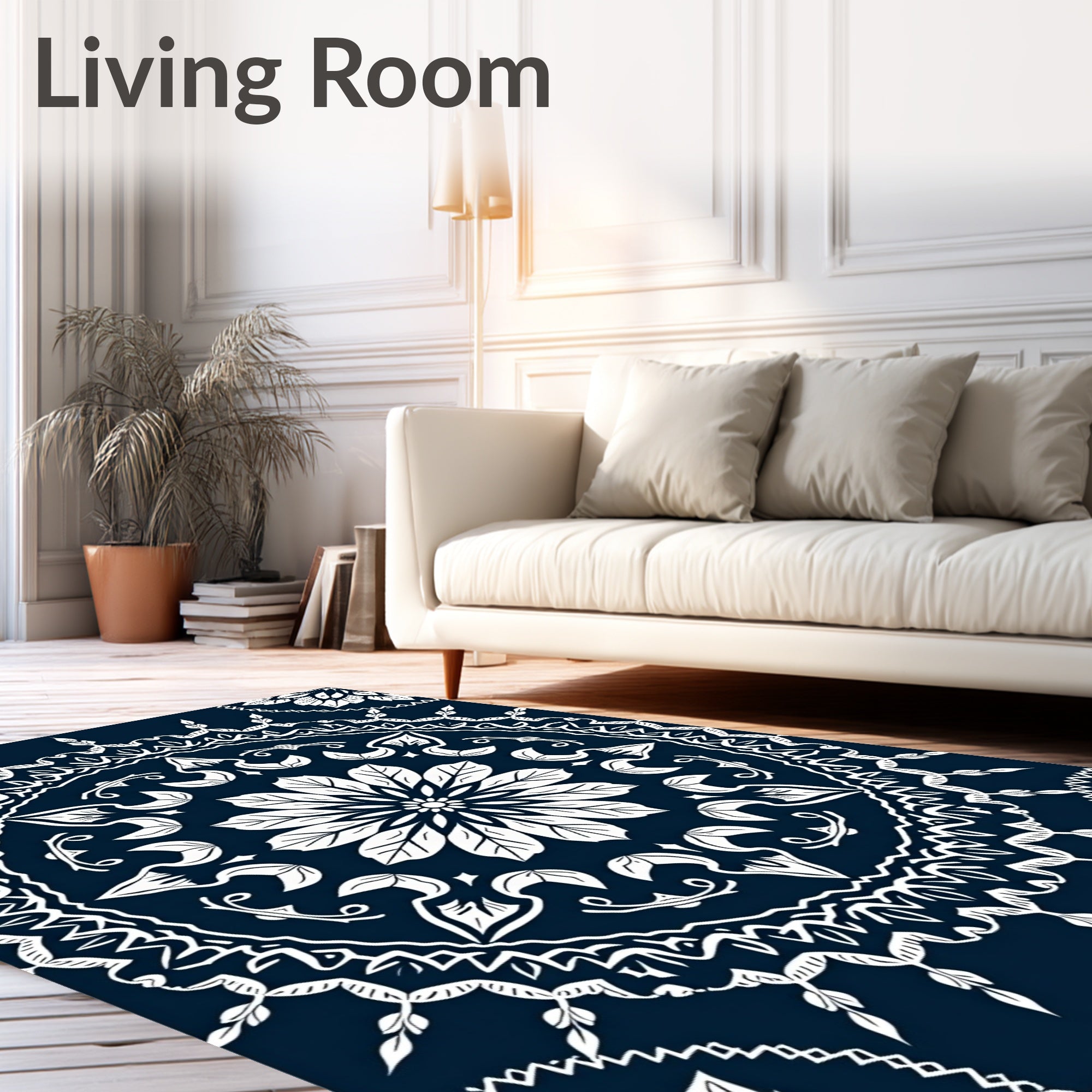 Dark Blue Intricate Floral Mandala Design Rug