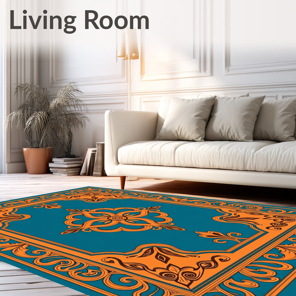 Intricate Orange Floral Teal Design Rug