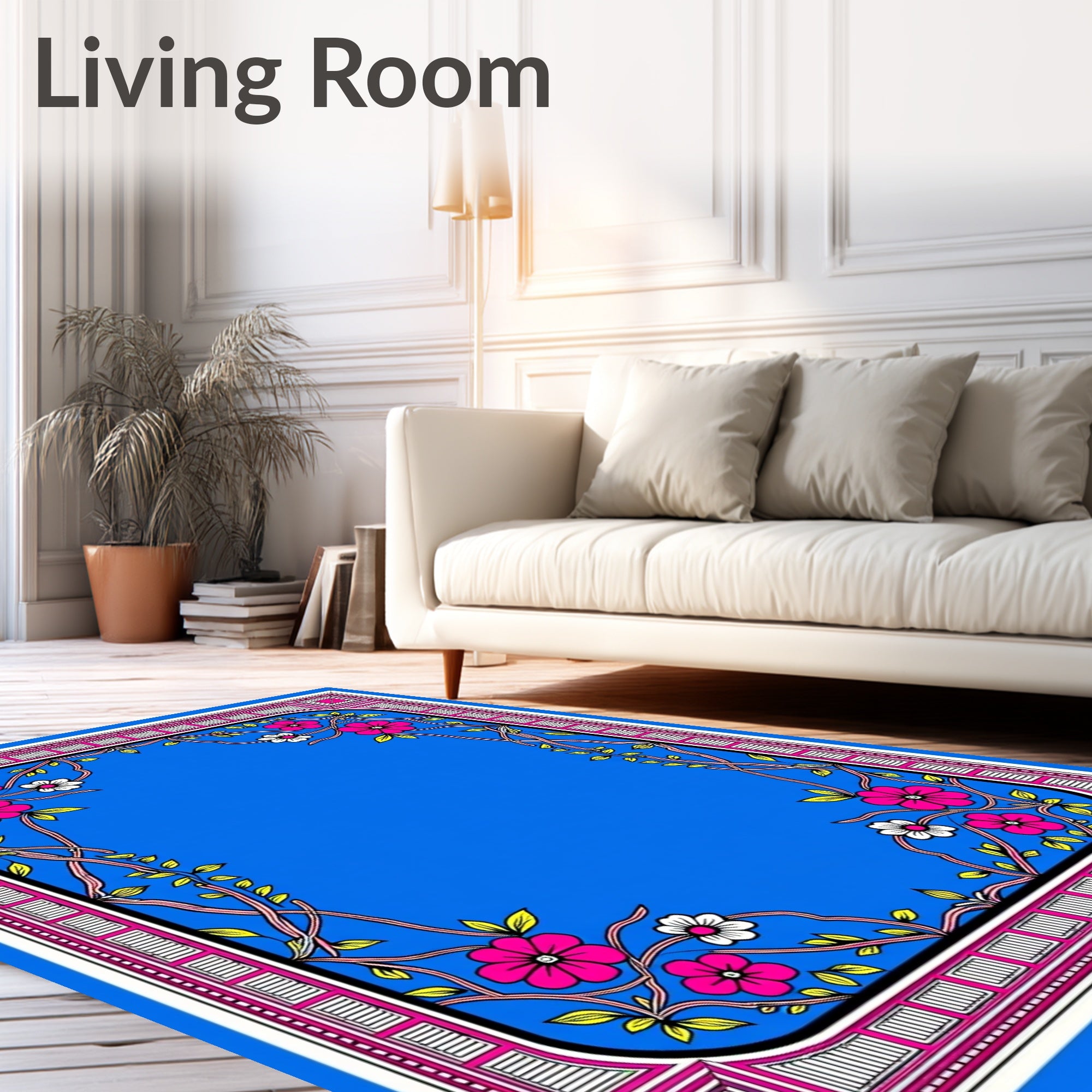 Vibrant Floral Vines With Geometric Border Rug