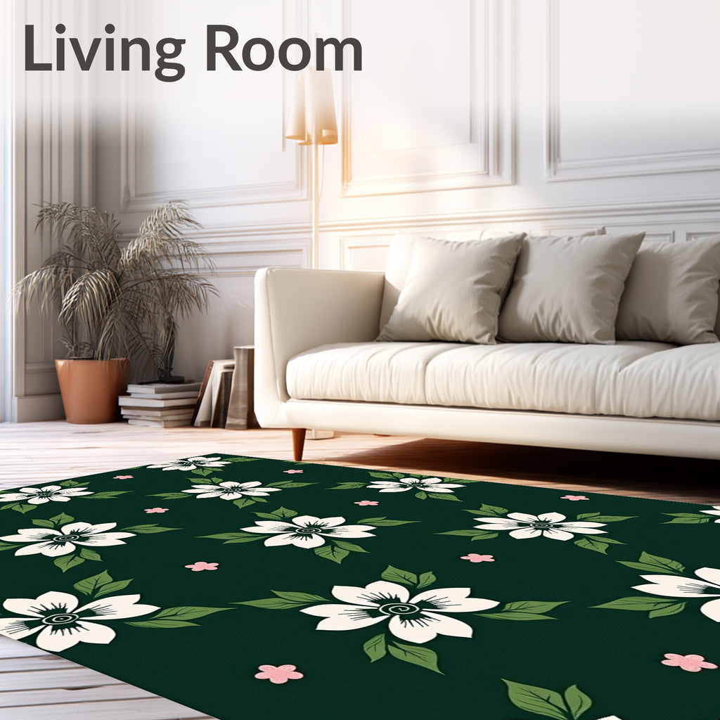 White Flower Pattern with Green Leaves Rug