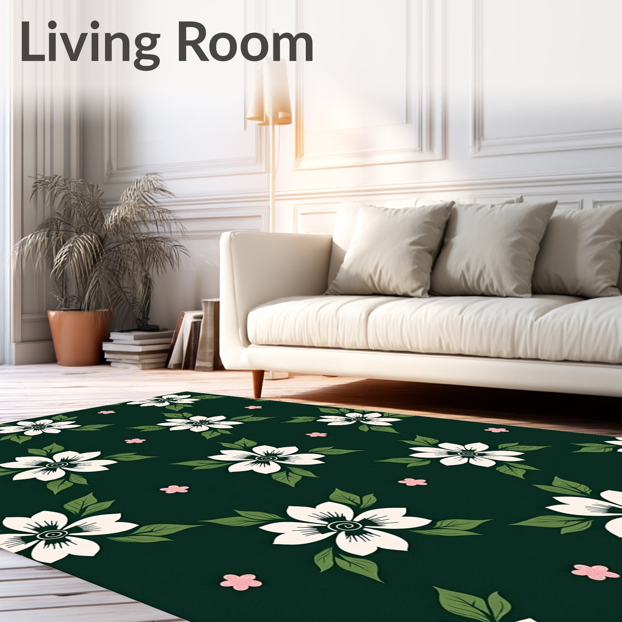 White Flower Pattern with Green Leaves Rug