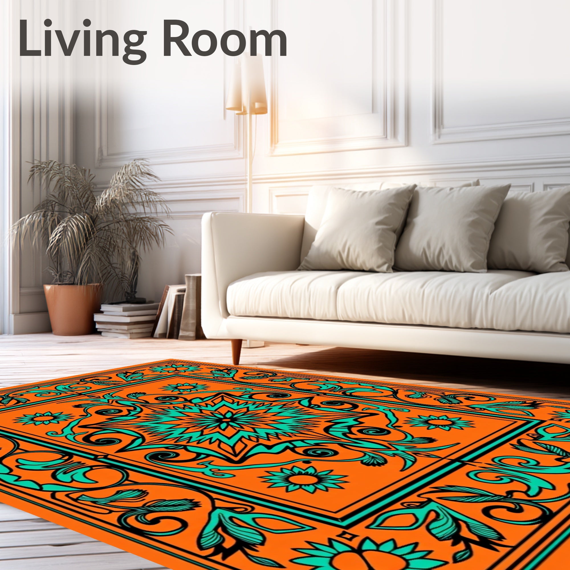 Bold Orange Aqua Floral Mandala Square Rug