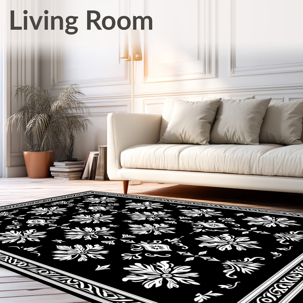 Classic Black White Floral Damask Rug