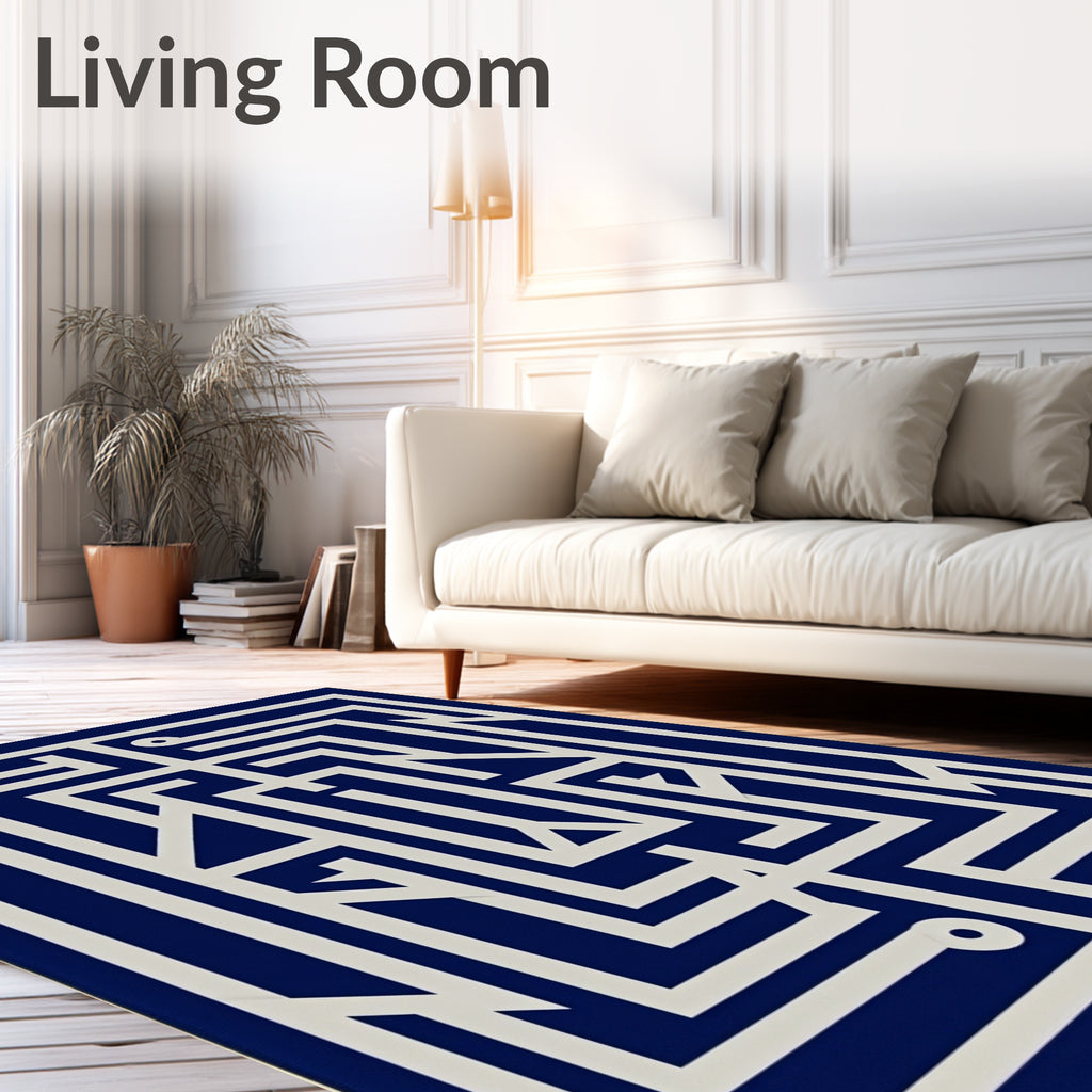 Geometric Maze White Blue Pattern Rug