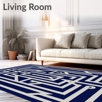 Geometric Maze White Blue Pattern Rug