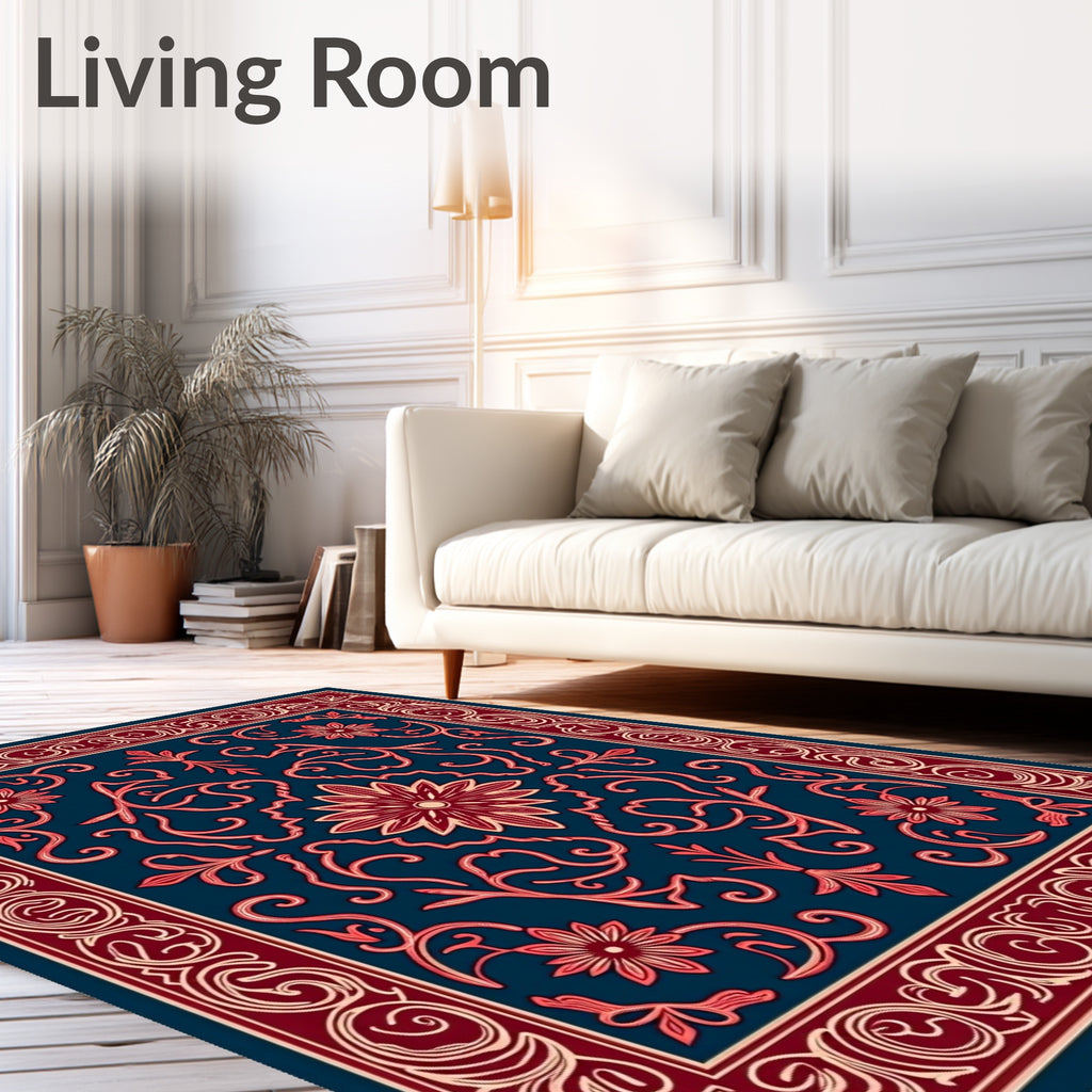 Floral Scrollwork Red Blue Design Rug