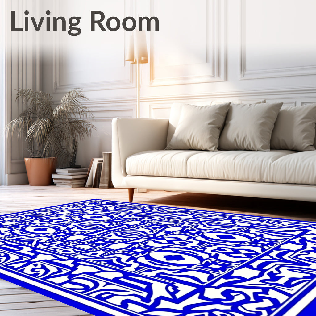 Intricate Blue White Symmetric Pattern Rug